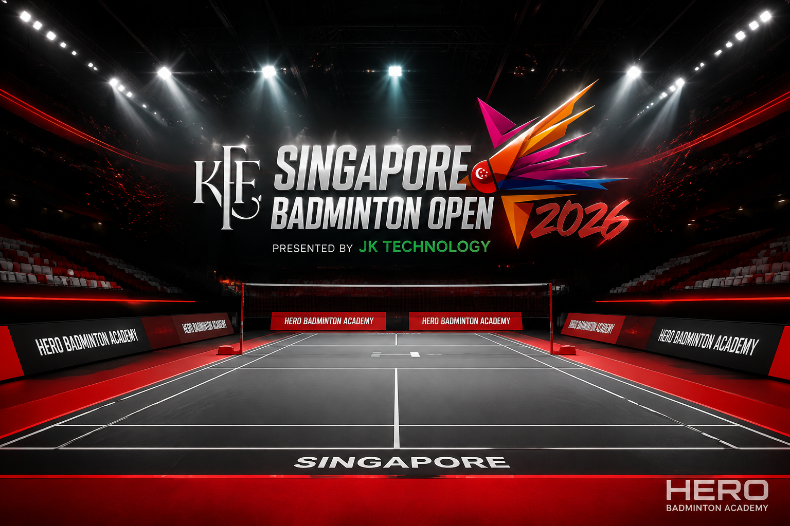 پوستر مسابقات بدمینتون KFF Singapore Badminton Open 2026 در سالن Singapore Indoor Stadium