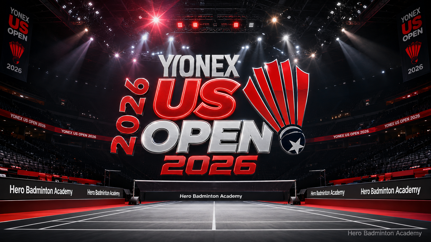پوستر مسابقات بدمینتون YONEX US Open 2026 در سالن Titan Gym دانشگاه ایالتی کالیفرنیا فولرتون